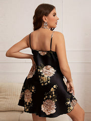 Satin Nightgown Floral Print Cowl Neck Spaghetti Strap