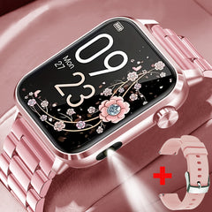 HD Sports Smartwatch 1.85 inch Pink Steel Band LED Flashlight Wireless Calling