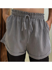 Sporty Shorts Women's Plus Solid Frill Trim High Rise Roll Up Shorts