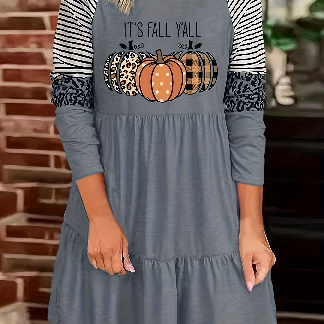 Colorblock Pumpkin Slogan Print Smock Mini Dress