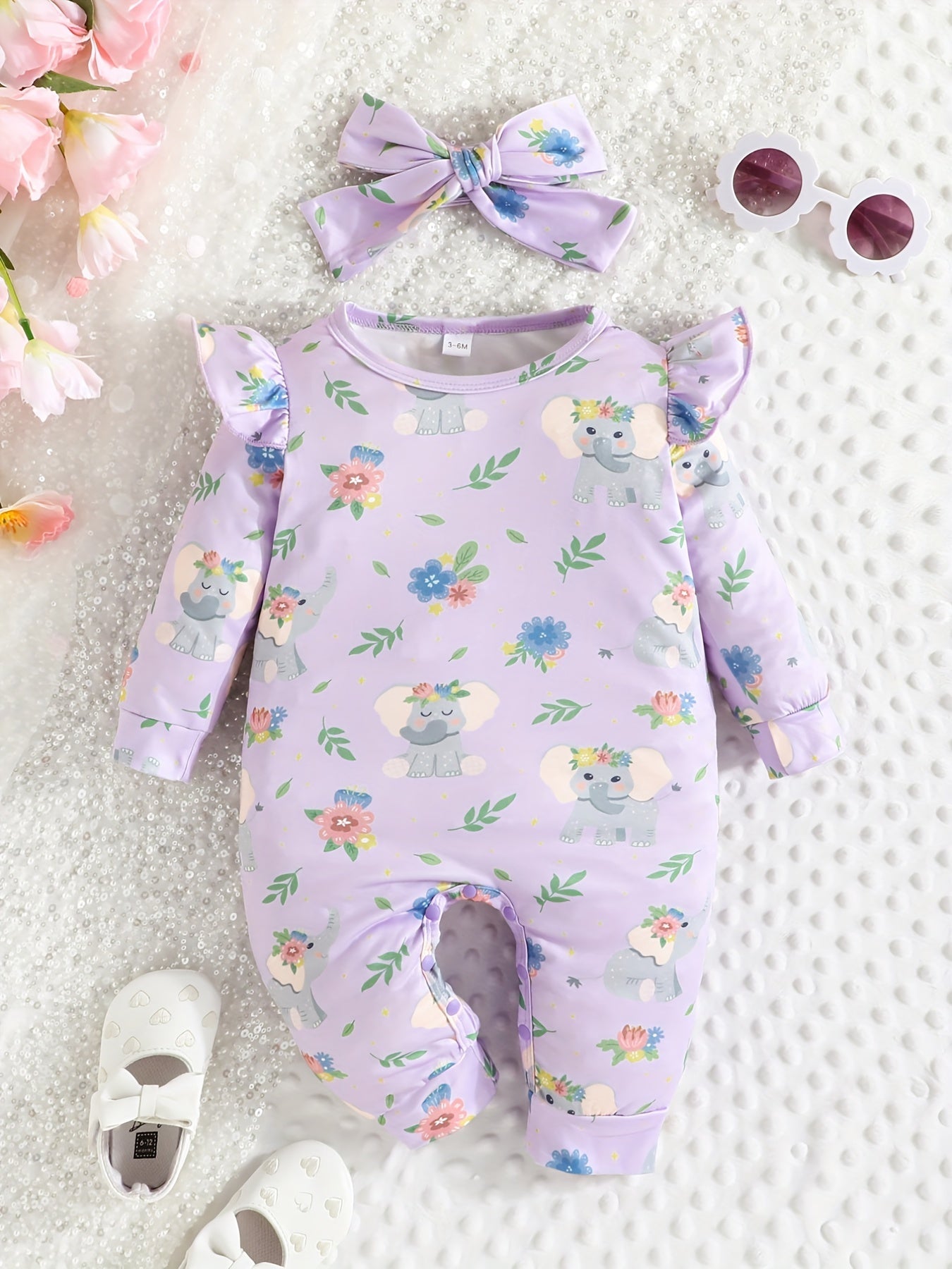 Elephant Graphic Romper & Headband Set for Baby Girls
