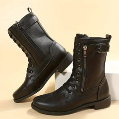 Women's Side Zip Hiking Boots Chunky Block Combat Outdoor Mid Calf Boots