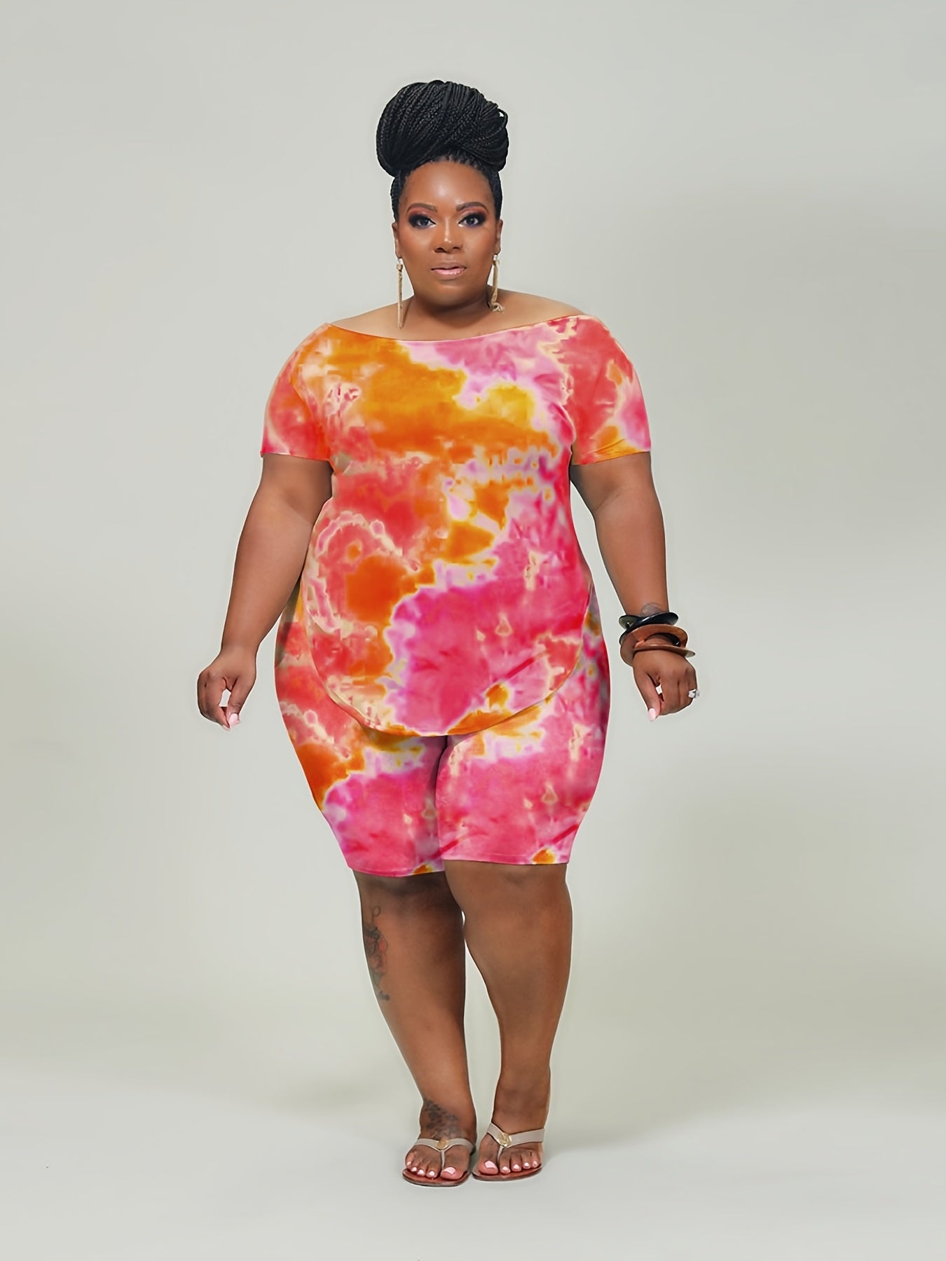Tie Dye Boat Neck Top & Shorts Set 2pcs Outfit Women's Plus M Stretch