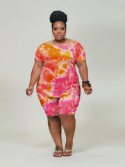 Tie Dye Boat Neck Top & Shorts Set 2pcs Outfit Women's Plus M Stretch