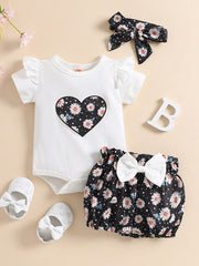 Baby Heart Floral Outfit Onesie & Shorts & Headband Short Sleeves Kids Clothes