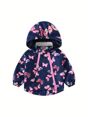 Girls' Butterfly Print Zip Hooded Windbreaker for Outdoor Girls
