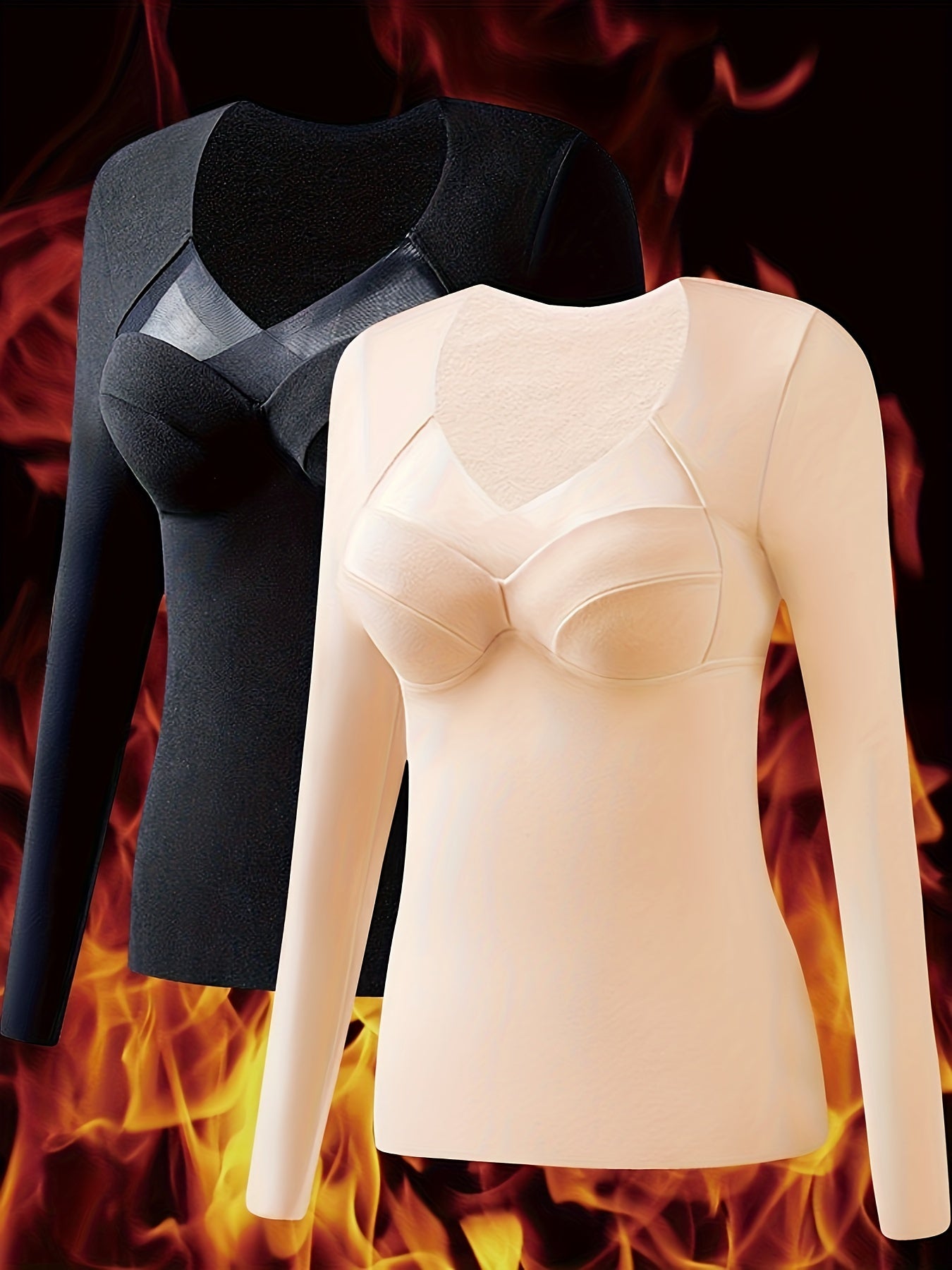 2pcs Contrast Mesh Thermal Tops V Neck Top Women's Lingerie