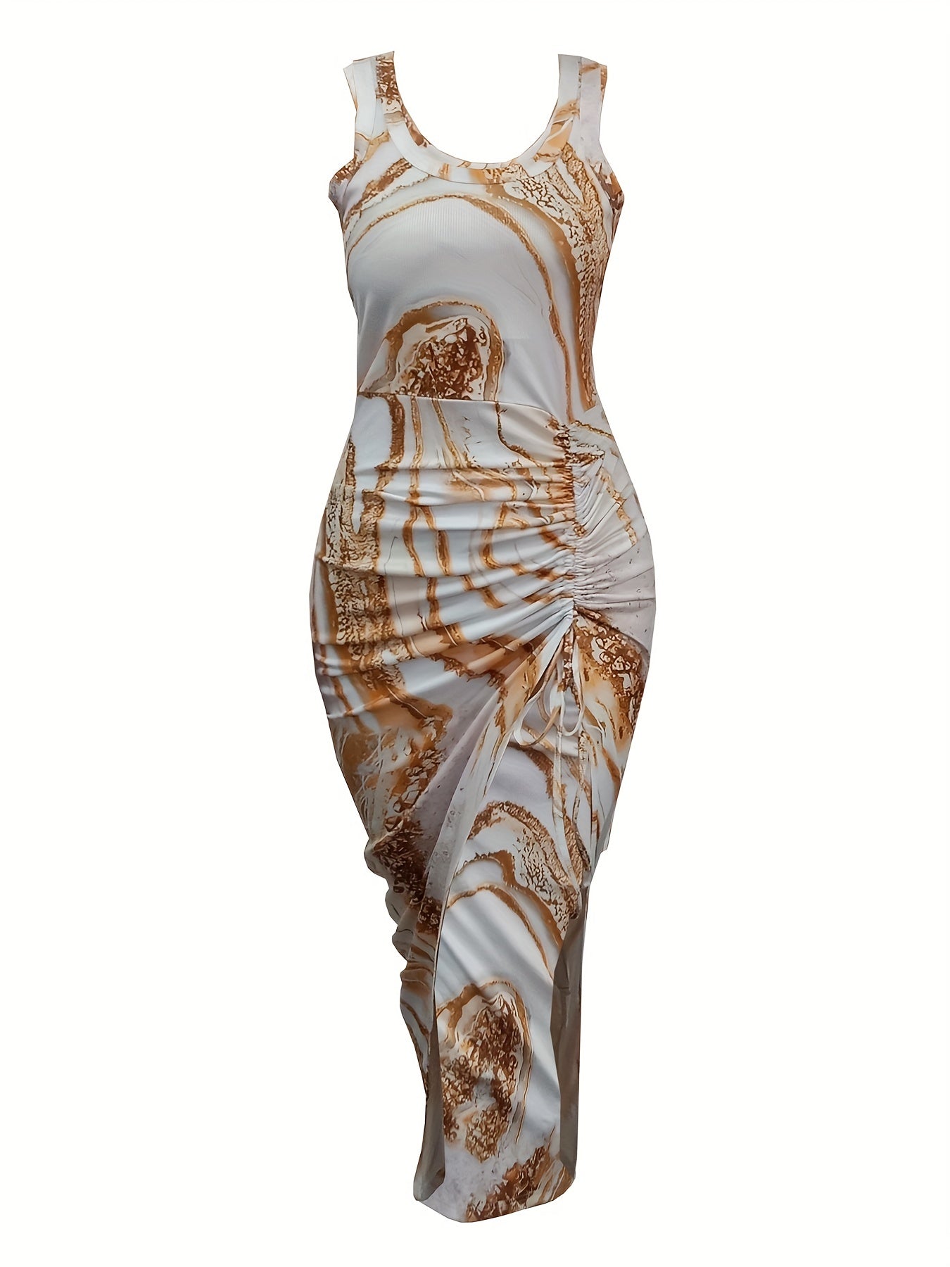 Marble Print Drawstring Dress Ruched Sleeveless Tank