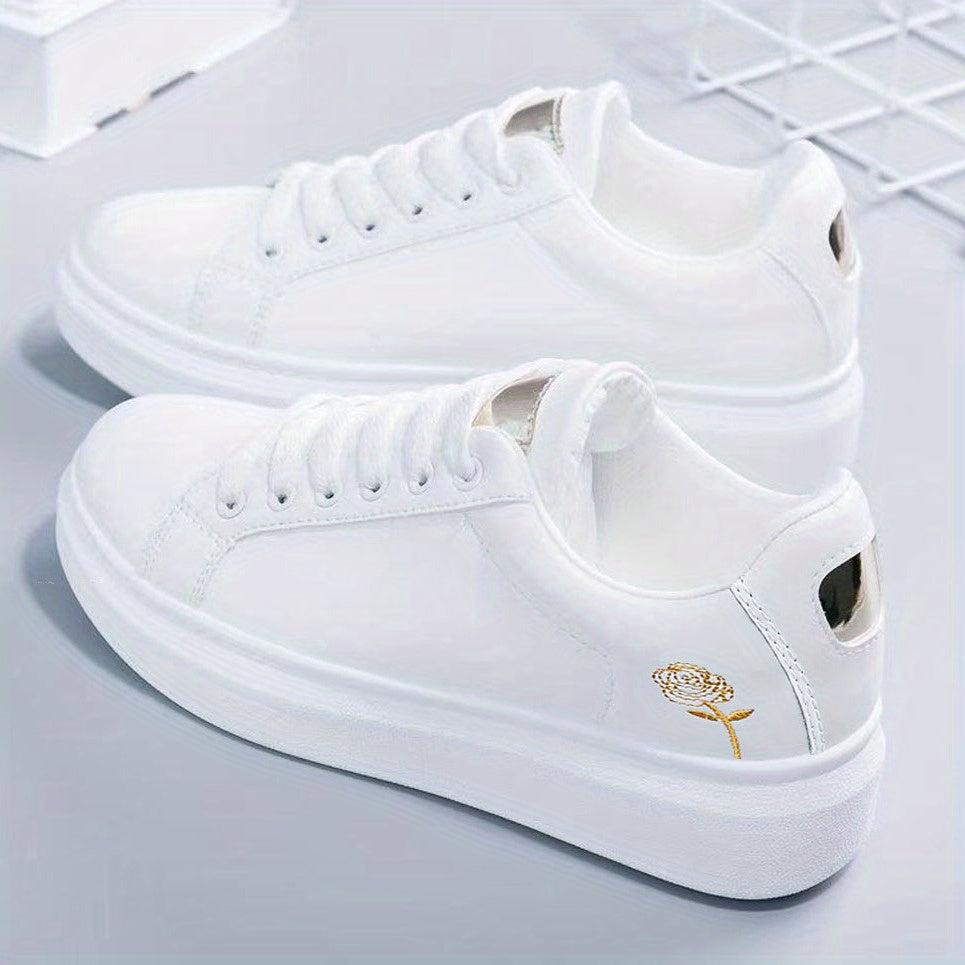 Floral Embroidered Skate Shoes Low Top Lace Up Breathable Platform Casual Shoes