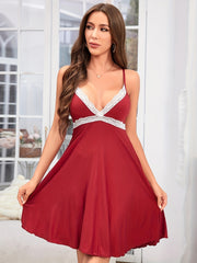 Contrast Lace Slip Lounge Dress V Neck Spaghetti Strap