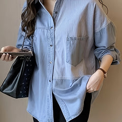 Denim Top Women's Plus Contrast Striped Print