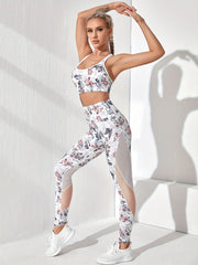 2pcs Floral Print Sports Bra & Mesh Insert High Waist Butt Lifting Activewear