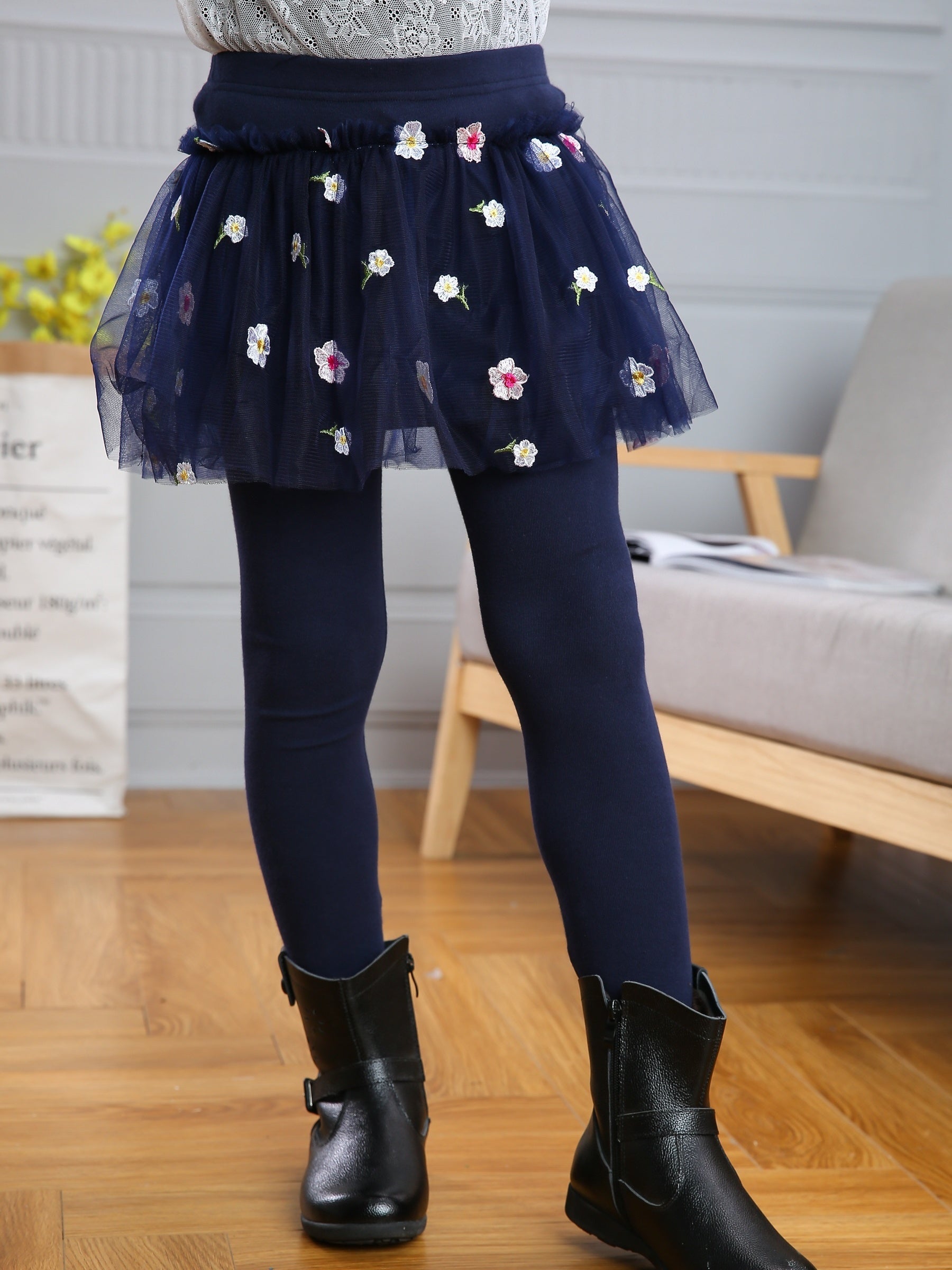 Girls Floral Print Tutu Skirt with Safety Shorts for Dance Party