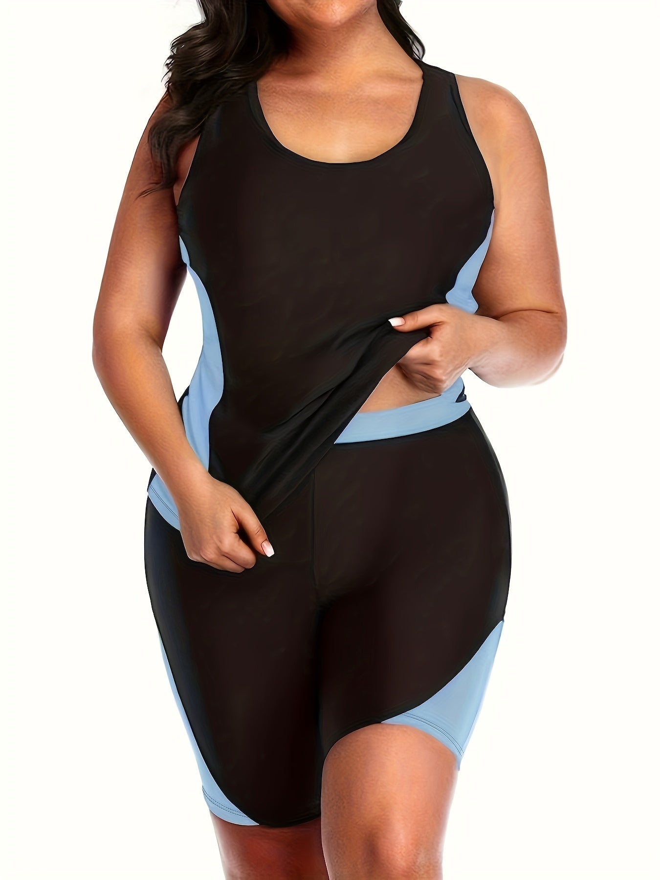 Colorblock Tankini Set Racer Back Tank Top & Shorts Swimsuit