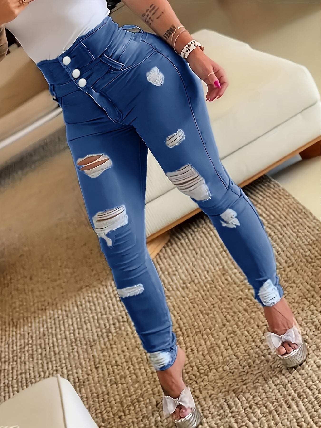 High Waist Skinny Jeans Distressed Ripped Holes Denim Pants