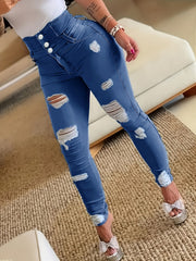 High Waist Skinny Jeans Distressed Ripped Holes Denim Pants