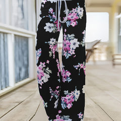 Flower Print Loose Pants Casual Lace up High Waist Wide Leg