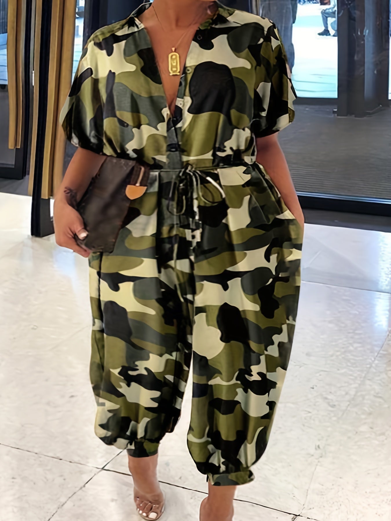 Camo Print Button Up Jumpsuit with Belt