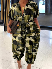 Camo Print Button Up Jumpsuit with Belt