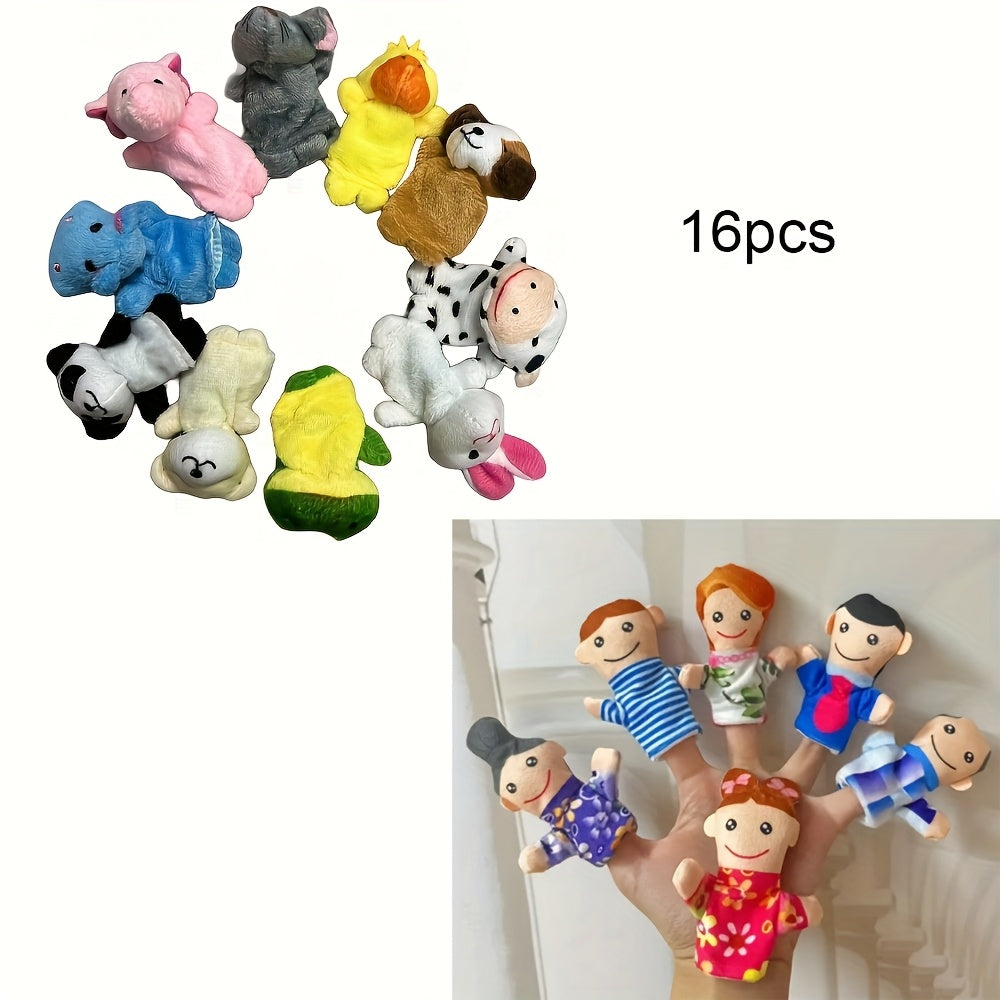 16pc Mini Animal Finger Puppets & Family of 6 Adorable Animals for Kids