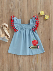 Baby Girls Cartoon Denim Dress with Pompom Trim