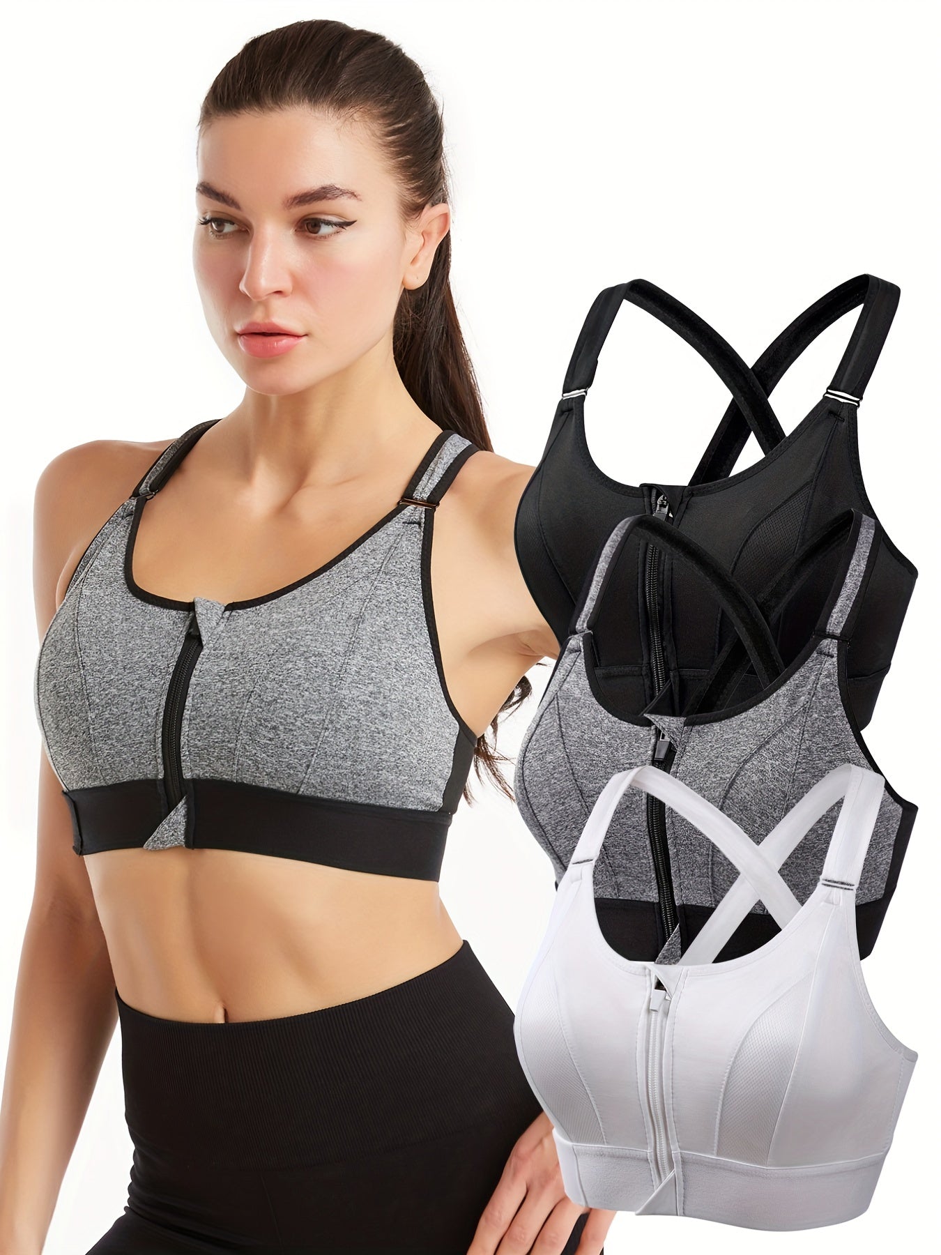3pcs Zipper Front Sports Tank Bras Comfy Everyday Vest Bra Women's Lingerie