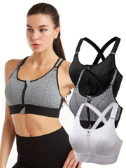 3pcs Zipper Front Sports Tank Bras Comfy Everyday Vest Bra Women's Lingerie