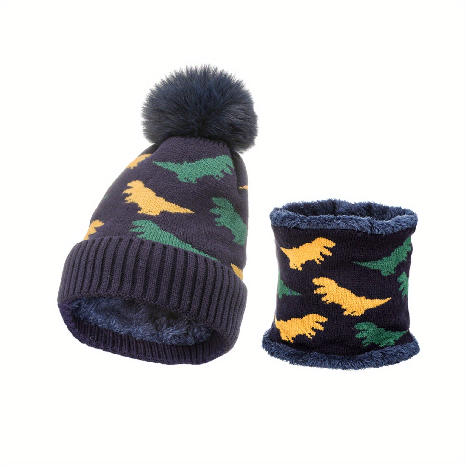 Kids Dino Knit Beanie Hat & Velvet Neck Gaiter Set
