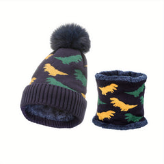 Kids Dino Knit Beanie Hat & Velvet Neck Gaiter Set