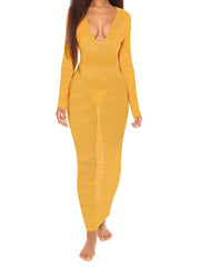 Deep V Neck Knitted Cover Up Dress Solid Ankle Length Sexy Beach Cover Up