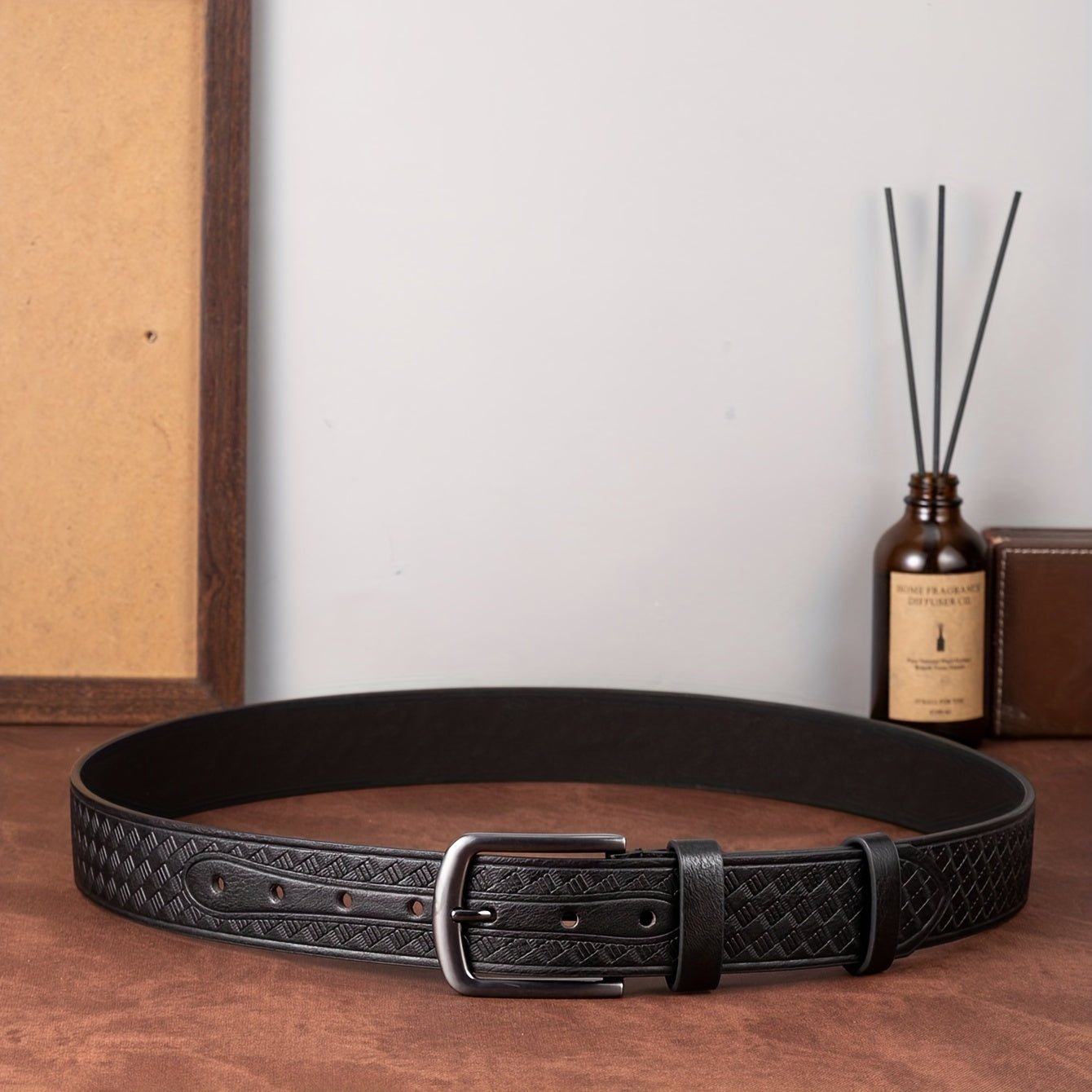 Men's Diamond Pattern Dress Belt Alloy Buckle PU Uniform Accessories