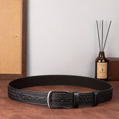 Men's Diamond Pattern Dress Belt Alloy Buckle PU Uniform Accessories