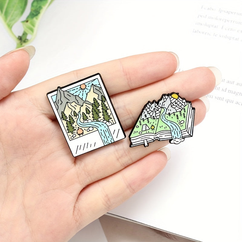 Cartoon Hiking Scenery Brooch Mountain River Book Style Pin