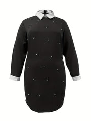 Women's Plus Colorblock Faux Pearl Long Sleeve Dress