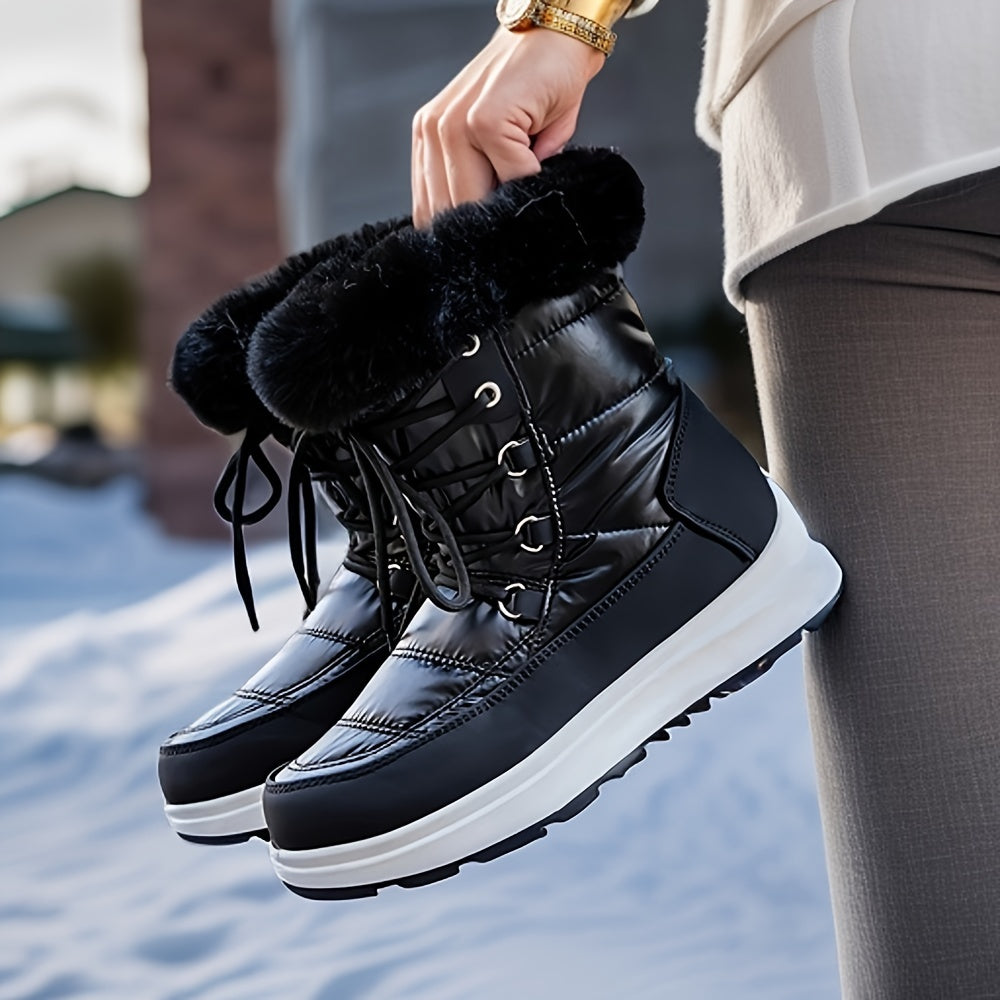 Women's Fur Lined Snow Boots Lace Up Platform Winter Outdoor Comfortable Boots