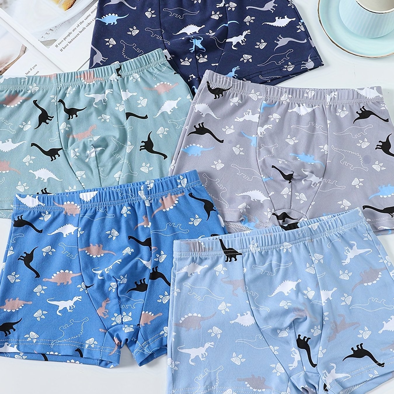 5pcs Boy's Boxer Briefs Dinosaurs Print Multiple Colors Elastic Waist Shorts