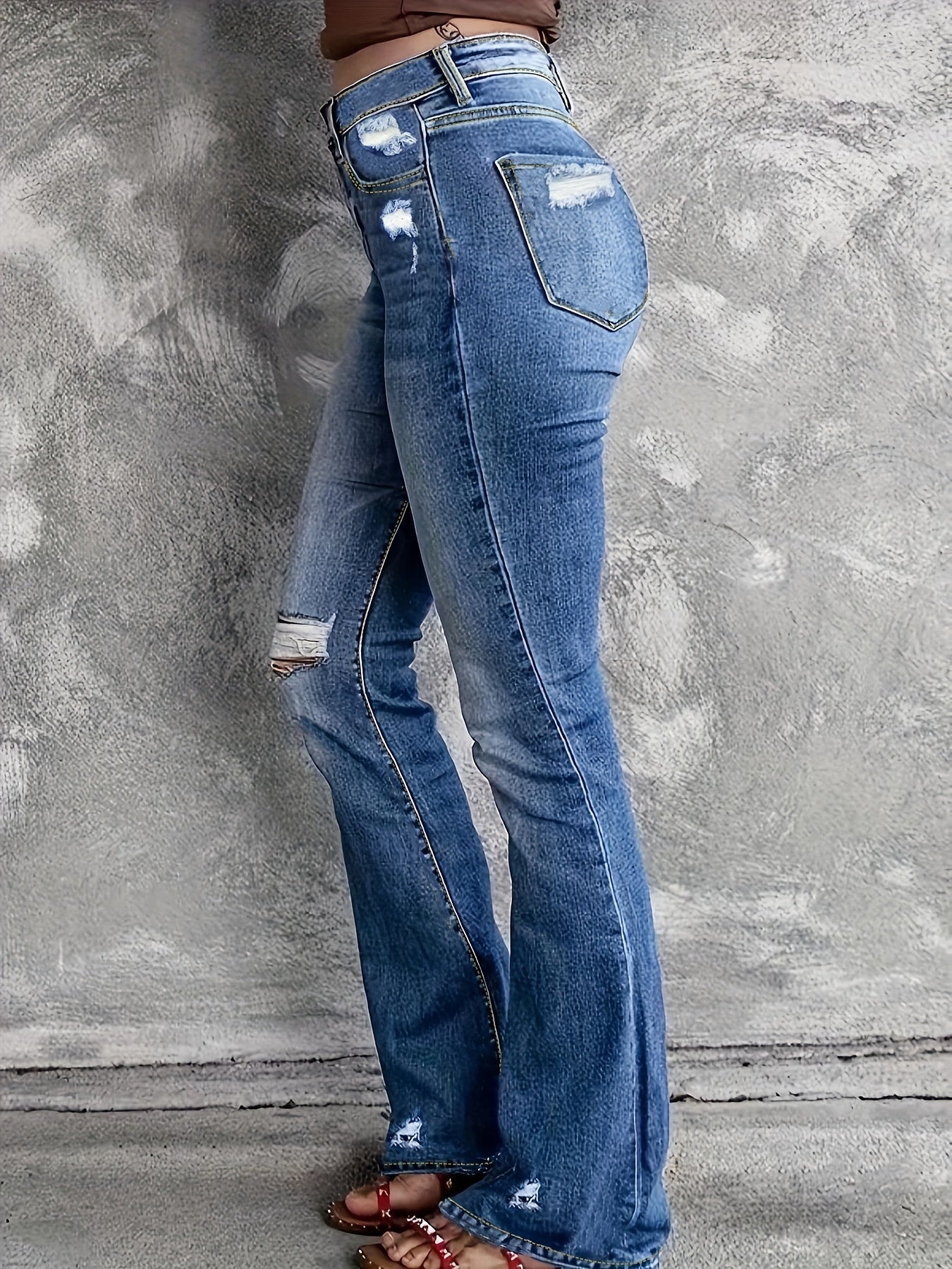Ripped Button Fly Flared Leg High Stretch Washed Denim Pants
