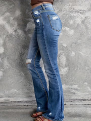 Ripped Button Fly Flared Leg High Stretch Washed Denim Pants