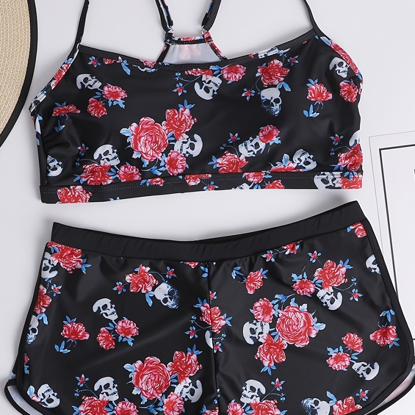 Rose & Skull Print Top & Shorts Swimsuit Set