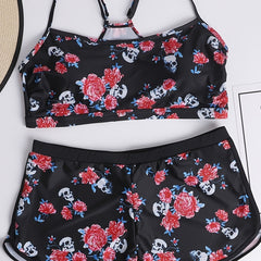 Rose & Skull Print Top & Shorts Swimsuit Set