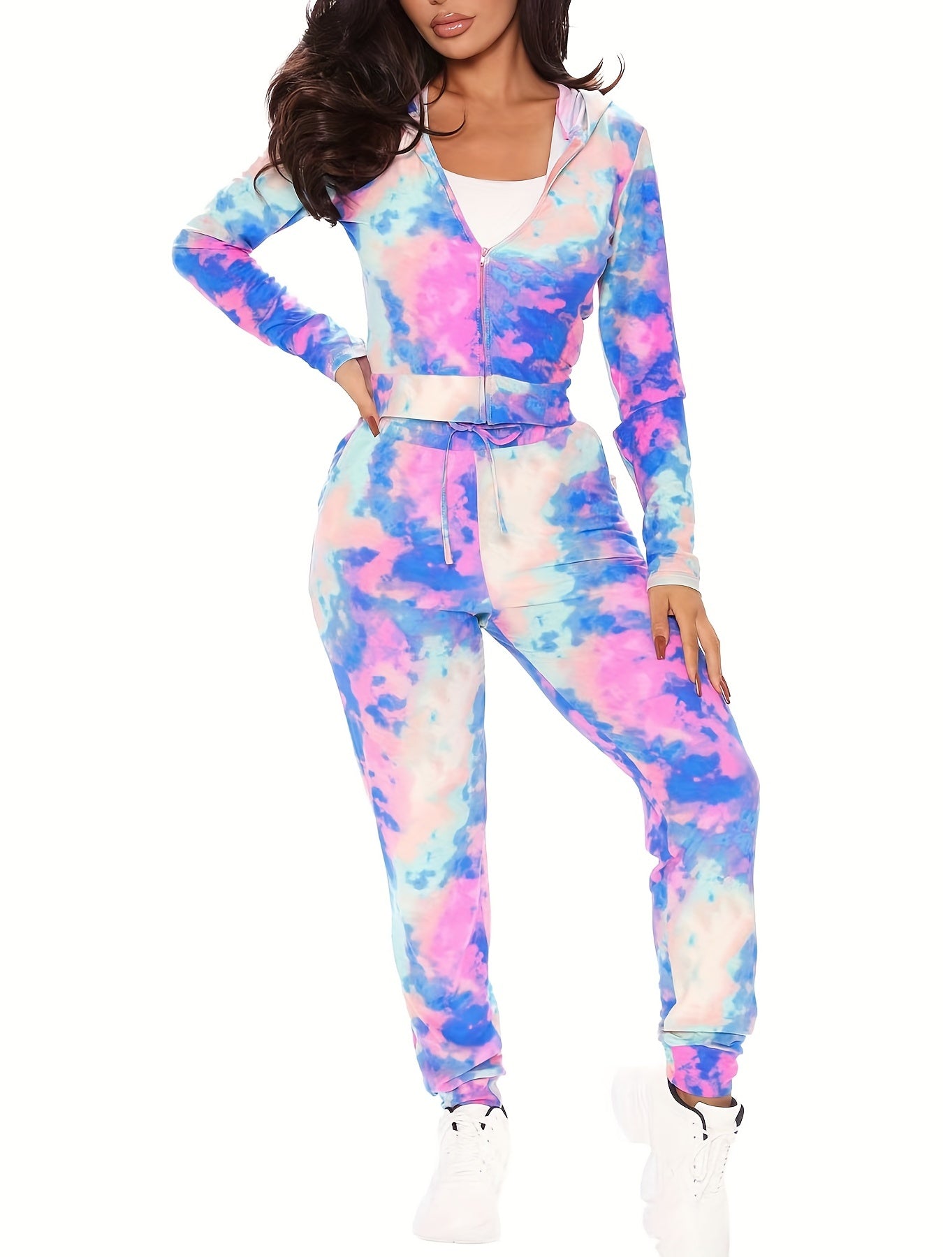 Tie Dye Two Piece Set Zip Up Hooded Sweatshirt & Drawstring Skinny Pants Outfit