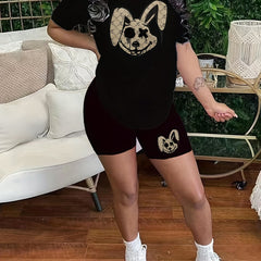 Dark Rabbit Print 2pc Set Crew Neck T Shirt & Shorts Outfits for Spring & Summer