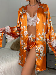 Floral Print Pajama Set Long Sleeve Robe & Lace Cami Top