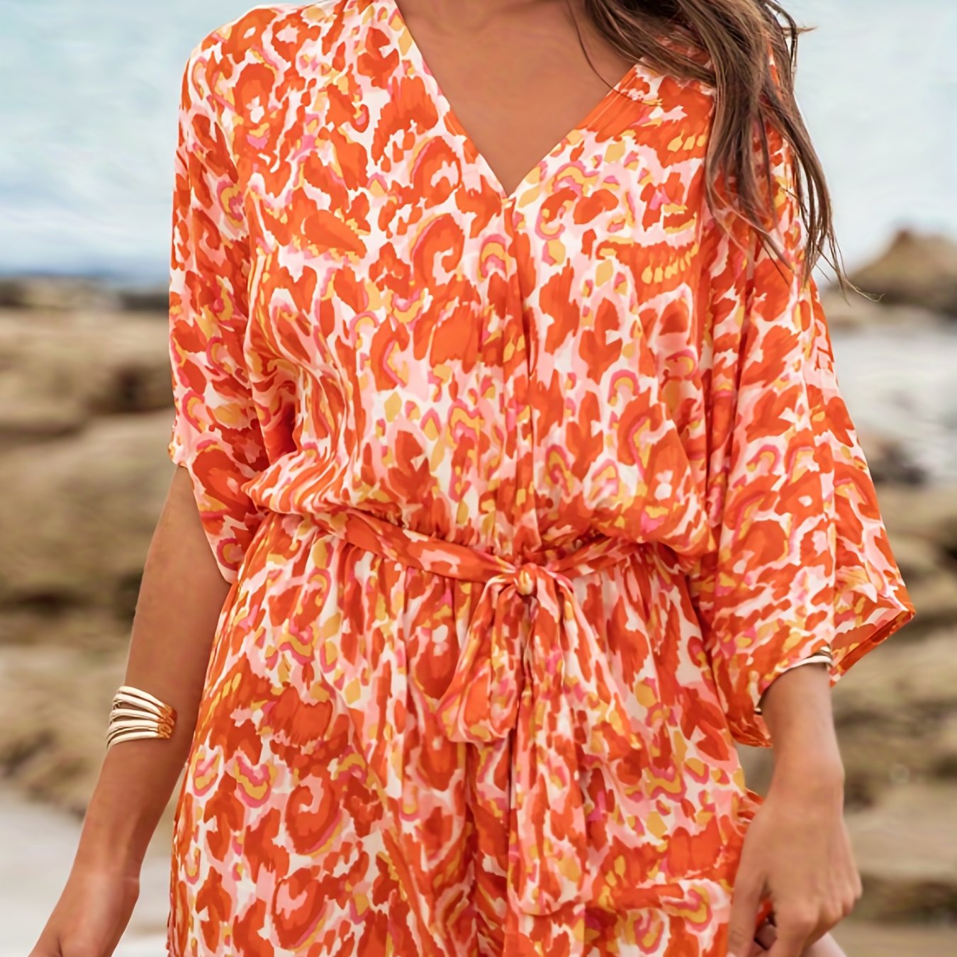 Allover Print V Neck Romper Jumpsuit Casual Half Sleeve Belted Romper