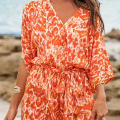 Allover Print V Neck Romper Jumpsuit Casual Half Sleeve Belted Romper