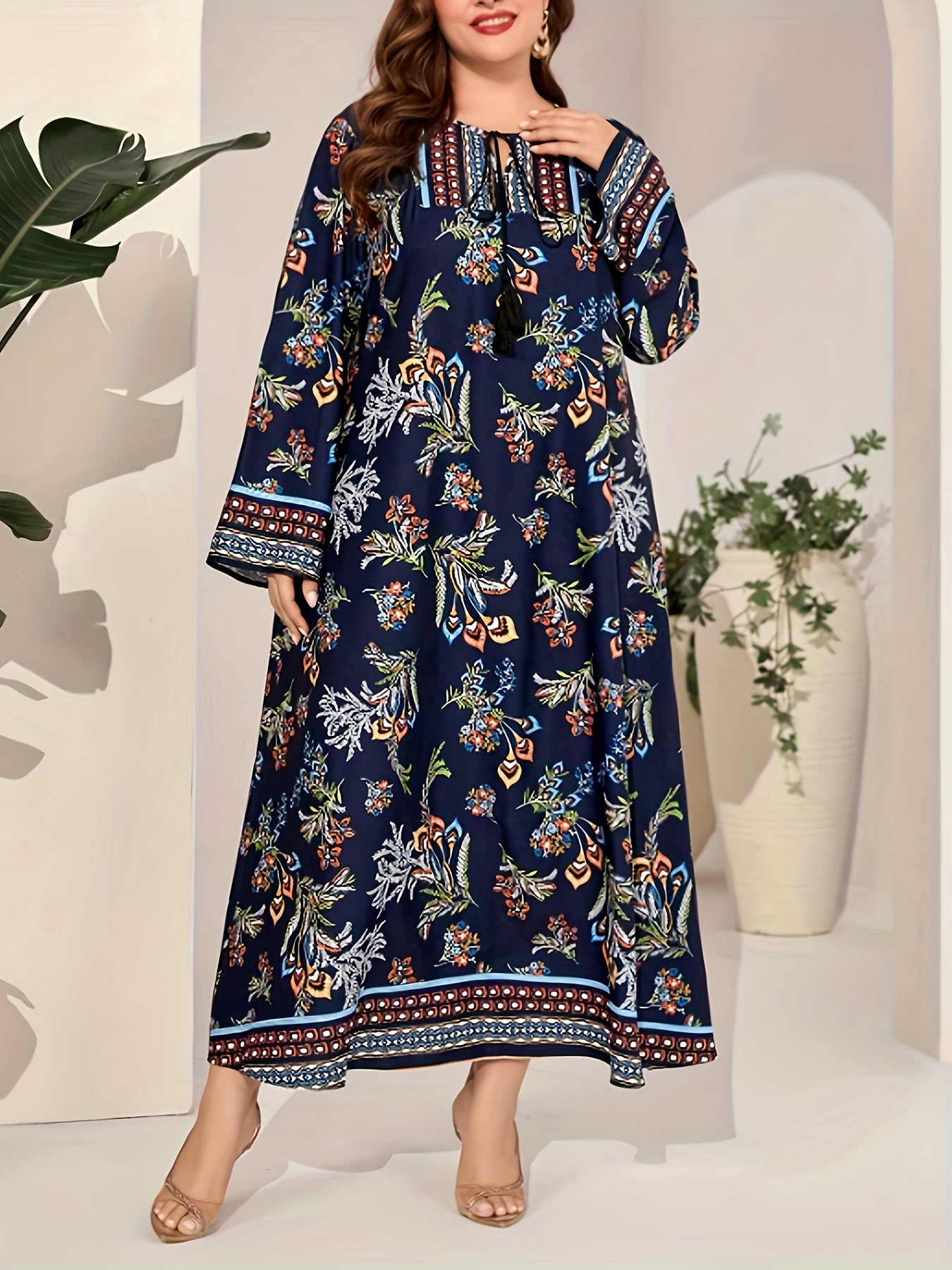 Border Floral Print Abaya Dress Fringe Tie Neck Maxi Jalabiya Dress