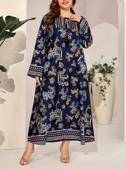 Border Floral Print Abaya Dress Fringe Tie Neck Maxi Jalabiya Dress