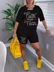 Rhinestone Letter Tee & Stretchy Shorts 2pcs Set