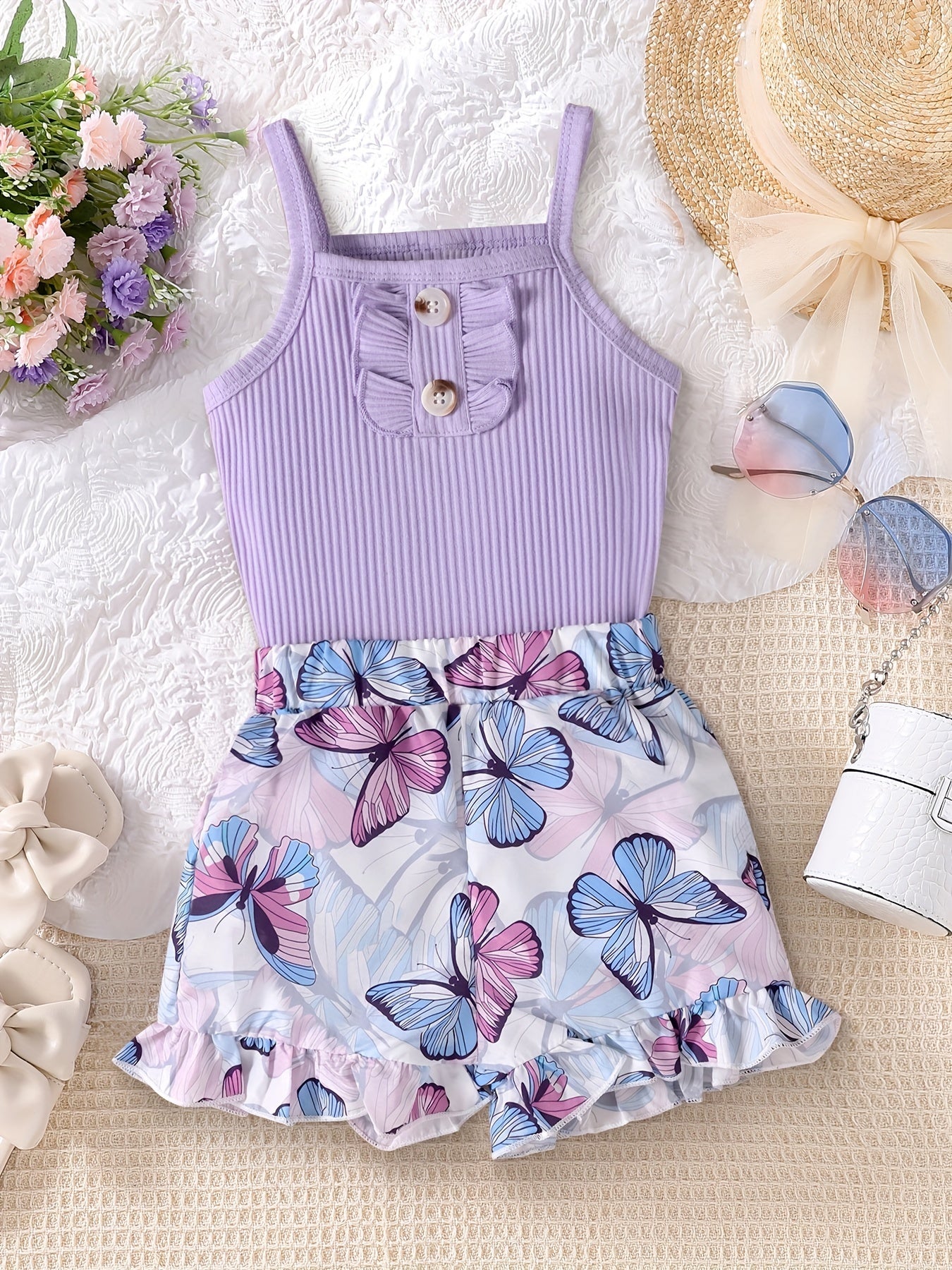 Girl's Ribbed Cami Top and Butterfly Print Shorts Set