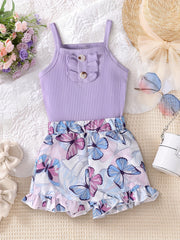 Girl's Ribbed Cami Top and Butterfly Print Shorts Set